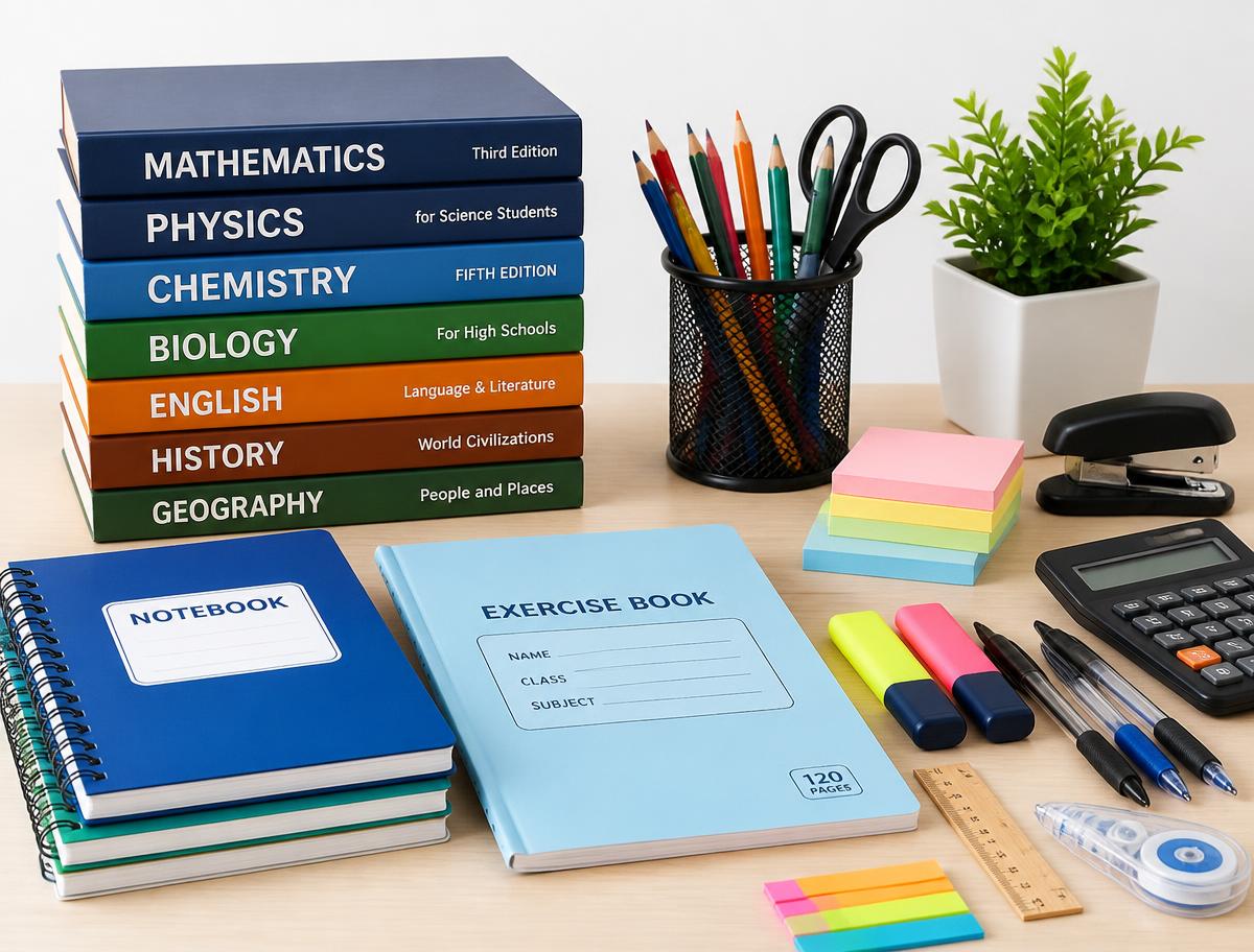 Textbooks, exercise books and office stationery supplies