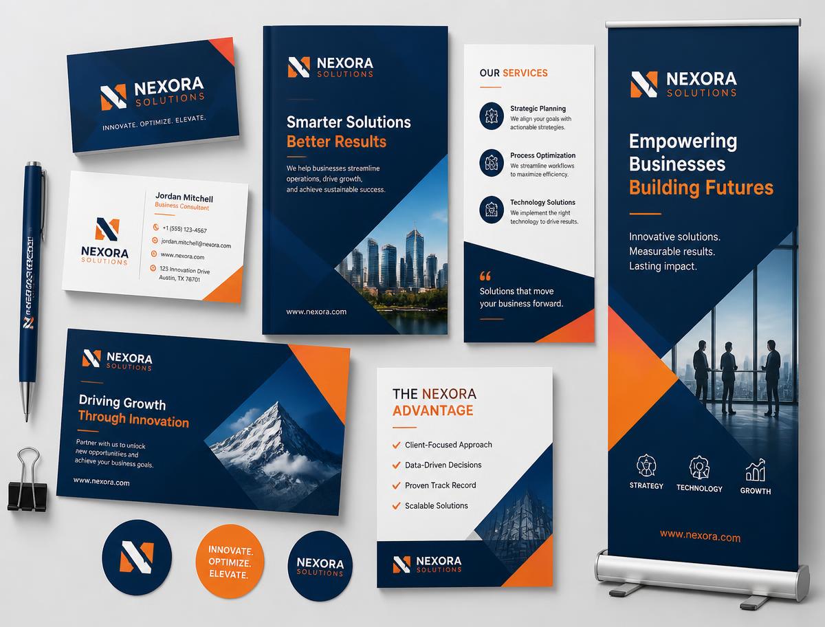 Corporate branding materials including business cards, brochures and a roll-up banner