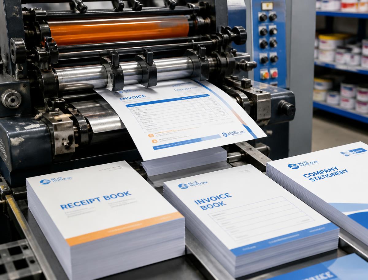 Offset printing press producing receipt books, invoice books and company stationery